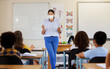 © Nina L/peopleimages.com - Young female teaching after covid pandemic, in classroom with young children students, in face mask. Back to school for little kids learning their education from their teacher after quarantine