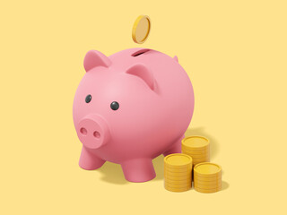 Poster - Pink piggy bank with falling coins, stacks of coins on yellow background. Accumulation of savings icon. 3D rendering.