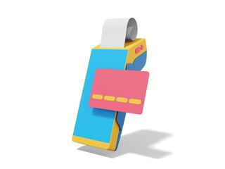Poster - Colorful POS terminal with credit card and check. Modern machine for cashless payment. Device for NFC pay. 3D rendering on the white background.