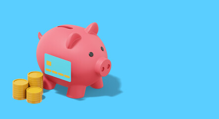 Poster - Accumulation of savings icon. Banner, space for text. 3D rendering. Pink piggy bank with stacks of coins, credit card on blue background.