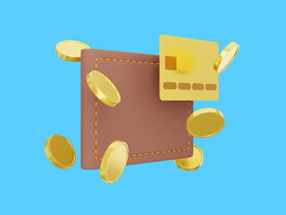 Poster - Payment concept. Closed wallet with credit card and flying coins on blue background. Savings, enrichment icon. 3d rendering.