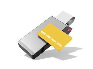 Poster - Modern machine for cashless payment. Gray black POS terminal with credit card and check. Device for NFC pay. 3D rendering on the white background.