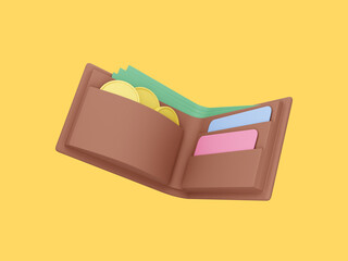 Poster - Open wallet with coins, bills and credit cards floating on yellow background. 3d rendering