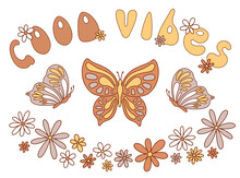 Good Vibes Lettering With Vintage Hippie Styled Butterflies And Flowers. Vector Illustration.