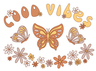 Good vibes lettering with vintage hippie styled butterflies and flowers. Vector illustration.