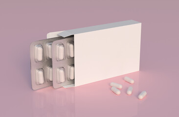 Mockup template with two blisters with white pills capsules in packaging boxes. 3d render