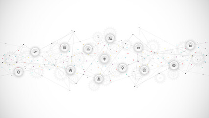 Information technology background with infographic elements and flat icons. Digital technology, network connection and communication concept. Vector illustration