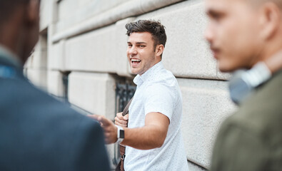 Poster - Startup entrepreneur feeling happy and excited while outside with his team looking for opportunity. Motivated and dedicated small business colleagues laughing and smiling while feeling ambitious