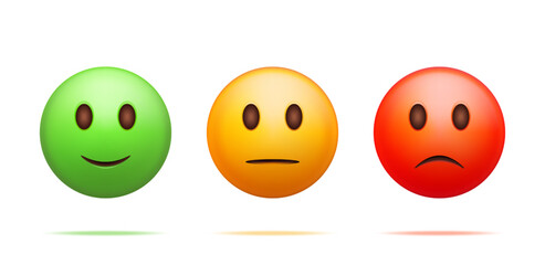 Aufkleber - 3D Customer Rating Smiley Emoticons Checklist Isolated. Render Positive, Neutral and Negative Symbols. Testimonials Rating, Feedback, Survey, Quality, Review. Vector Illustration