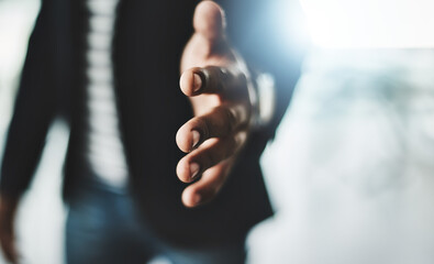 Aufkleber - Handshake, welcome and greeting with a business man reaching out his hand to congratulate, promote or celebrate success. Closeup of teamwork, unity and togetherness with a corporate professional
