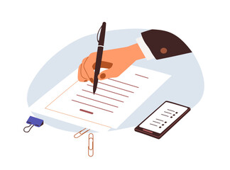 Aufkleber - Hand writing on business official paper, taking notes. Employee filling application form, abstract office document with pen at work. Flat vector illustration isolated on white background