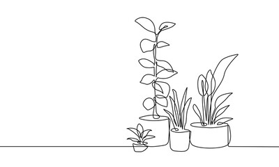 Wall Mural - One Line Vector Drawing of Flowers in Pots. Botanical Modern Single Line Art, Aesthetic Contour. Perfect for Home Decor, Wall Art Posters, or t-shirt Print, Mobile Case. Plant Continuous Line Drawing 