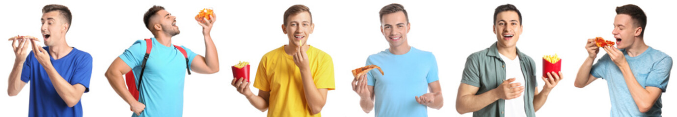 Wall Mural - Set of men with different fast food on white background