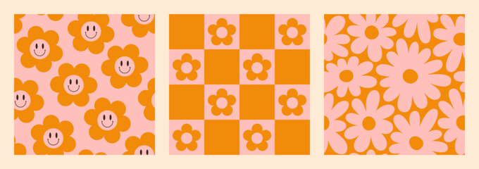 Groovy Seamless Patterns Set with Checkerboard and Daisy Flowers . Psychedelic Vector Background in 70s Hippie Style