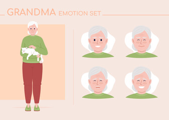 Poster - Positive grandma semi flat color character emotions set. Editable facial expressions. Happiness vector style illustration for motion graphic design and animation. Comfortaa font used