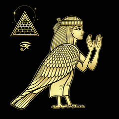  Animation portrait: mystical goddess of ancient Egypt with head and arms of a man and body of a falcon. View profile. Pyramid symbol. Vector illustration isolated on a black background.Gold imitation.