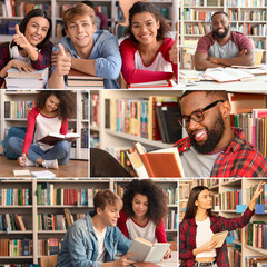 Wall Mural - Collection of young students with books in library