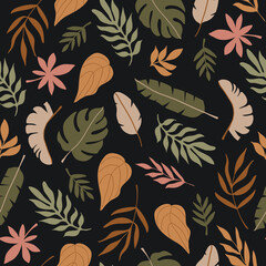 Aufkleber - Autumn colorful seamless pattern of different abstract tropical leaves on a black background. Botanical  trendy vector illustration.