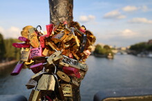 Love Padlocks On Ponts Des Arts In Paris , Romantic Concept , Blurry Background