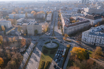 Poster - Aerial view with Aviator Monument Zwirko and Wigura in Warsaw city, Poland