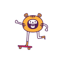 Wall Mural - Kawaii skull in tiger costume riding skateboard, illustration for t-shirt, street wear, sticker, or apparel merchandise. With doodle, retro, and cartoon style.