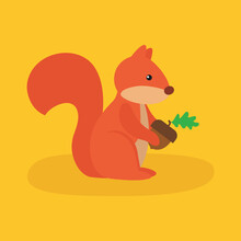 Squirrel Holding An Acorn On A Yellow Background
