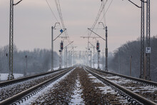 Railway Tracks Covered With Snow In Rogow Village, Lodz Province, Poland