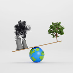 Wall Mural - Polluting factory and green tree balancing on a globe. Save the world concept. 3D Rendering