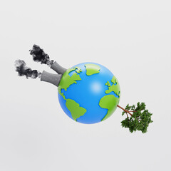 Wall Mural - Polluting factory and green tree balancing on a globe. Save the world concept. 3D Rendering