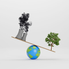 Wall Mural - Polluting factory and green tree balancing on a globe. Save the world concept. 3D Rendering