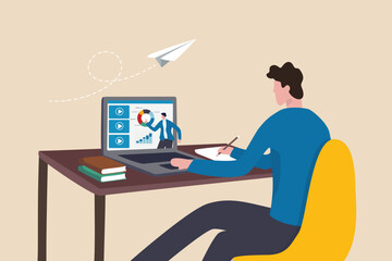 Study online course, learning new skill from internet or e-learning website, training or online class for knowledge concept, young adult employee studying online course on computer laptop.
