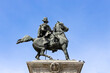 MILAN, ITALY, APRIL 7, 2022 - View of Vittorio Emanuele II statue in Duomo Square, Milan, Italy.
