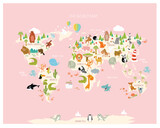 Fototapeta Pokój dzieciecy - Print. Map of the world with cartoon animals for kids. Eurasia, South America, North America, Australia and Africa.

