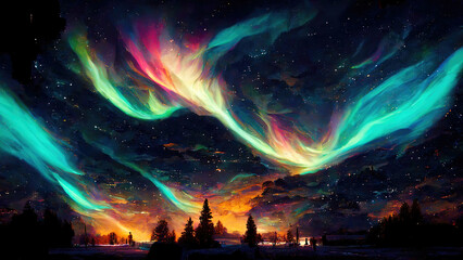 Wall Mural - magical colorful night sky with northern nights (aurora borealis)