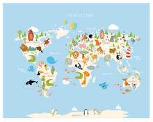 Print. Map Of The World With Cartoon Animals For Kids. Eurasia, South America, North America, Australia And Africa.


