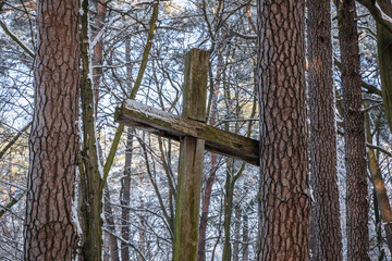 Poster - Wooden cross on World War I cemetery in Rogow village, Poland