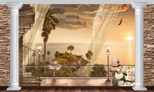 Stunning View From The Balcony Of The Sea Sunset. Photo Wallpaper, Mural.