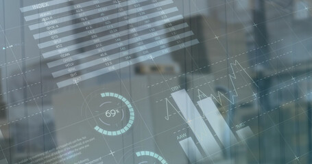 Sticker - Image of financial data and graphs over packages in warehouse