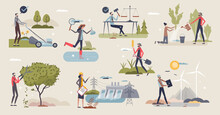 Green jobs set with nature friendly and sustainable work tiny person collection. Elements with ecological professional tasks and occupation with organic or environmental tasks vector illustration.