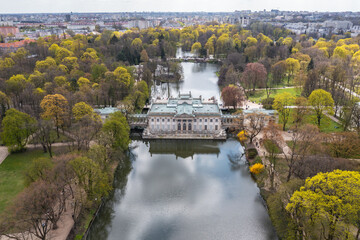 Canvas Print - Drone photo of Palace of the Isle in Lazienki - Royal Baths Park in Warsaw city, Poland