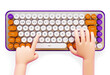 Cartoon hands typing on the keyboard, top view. Transparent background, PNG file. Character's hands are working at computer, isolated 3D Render