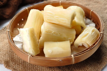 Boiled Cassava or Singkong Rebus, Indonesian traditional food.Complex carbohydrates are part of the composition of a healthy diet.