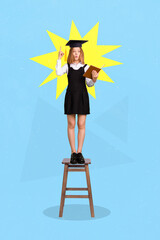 Poster - Vertical collage image of excited smart girl standing chair hold book pointing finger bright idea isolated on creative background