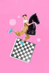 Poster - Vertical collage image of excited funny girl hands hold hug chess knight horse figure isolated on creative pink background
