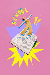 Poster - Vertical composite collage of carefree dreamy little girl rejoice big opened book holder painted school text isolated on pink drawing background