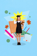 Poster - Vertical collage picture of excited clever girl wear mortarboard hat hold book point finger school supplies