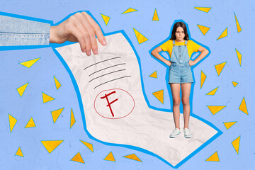 Poster - Banner collage of little girl fail homework wear casual cloth isolated on drawing blue color background