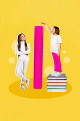 Poster - Vertical banner collage of school girls measure size wear casual cloth isolated on yellow painting background