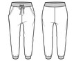© SQB Creation  - Rib cuff jogger track pant flat sketch vector illustration rib waist drawstring sweat pant front and back view template. CAD drawing.