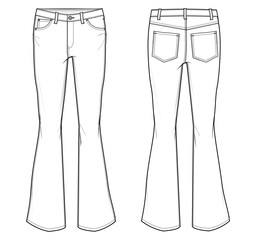 Wall Mural - boot cut jeans flat sketch vector illustration. front and back view template. cad mockup.